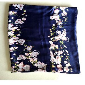 100% Silk Navy Blue Floral Cherry Blossom Scarf Long Rectangular Wrap 70"x37"